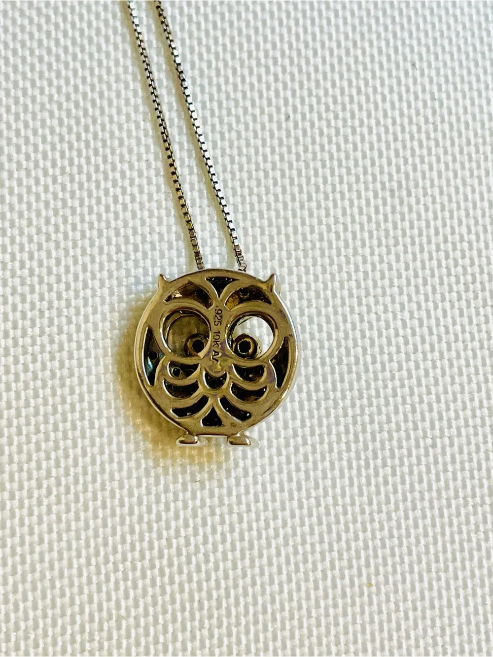 10K Yellow Gold Sterling Silver Black White Diamond Chubby Owl Necklace